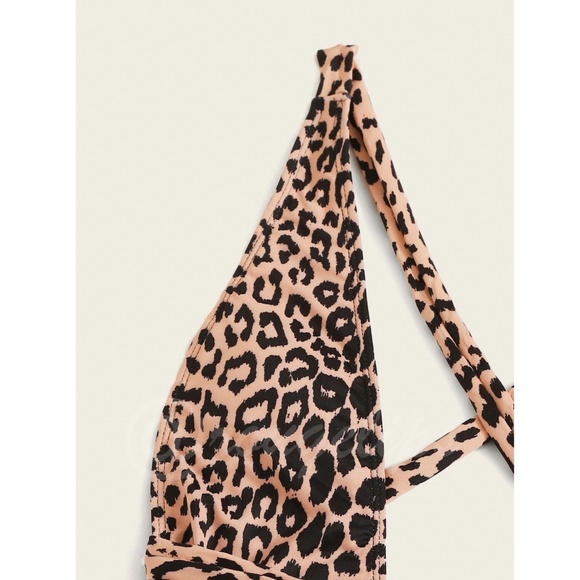 Cheetah Print Deep V Tie Detail One Piece Swimsuit Beige Black Strappy - Picture 4 of 7